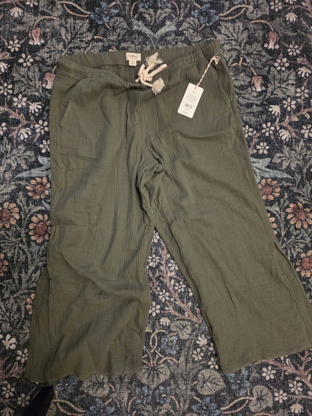 UpWest Olive Drawstring Wide-Leg Gauze Pants with Braided Cord NWT